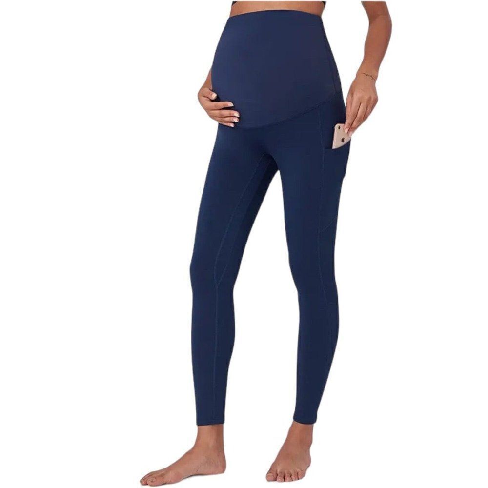Poshdivah Leggings Women’s‎ M Navy Blue Maternity Yoga Lounge 25” Over The Belly